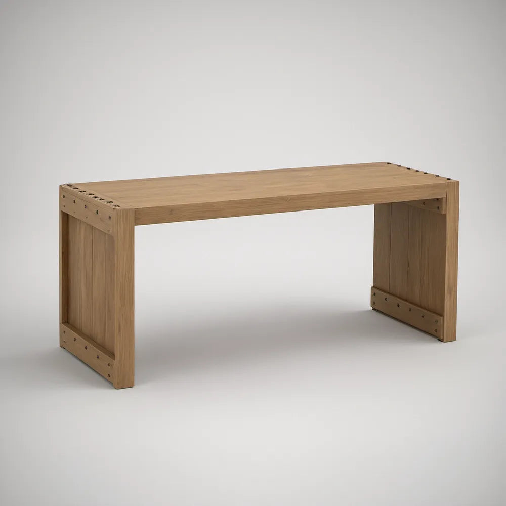 Natural Brown Solid Teak Wood Backless Garden Bench with Black Fasteners, 120 x 40 x 45 cm