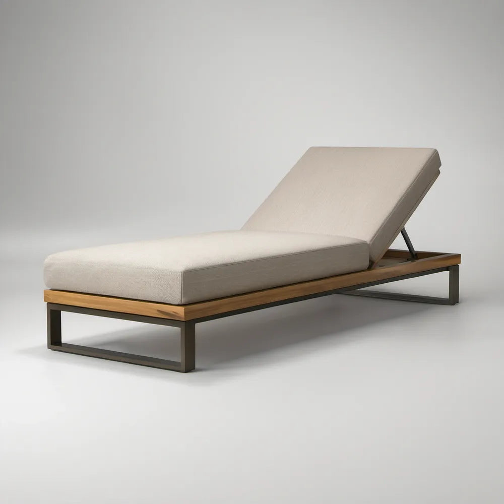 Adjustable Outdoor Chaise Lounge with Cushion, 78.7 x 27.6 x 11.8 in, Beige/Black/Natural Brown