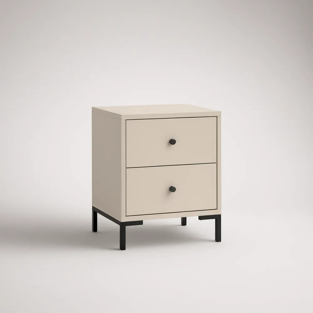 2-Drawer Beige Nightstand with Black Steel Legs, 22 x 16 x 24 in