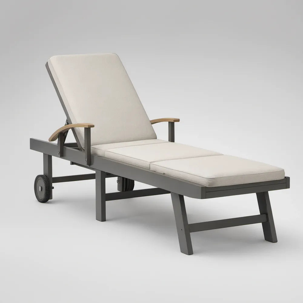 Adjustable Reclining Outdoor Chaise Lounge with Wheels, 200 x 65 x 35 cm, Gray Frame, Beige Cushions