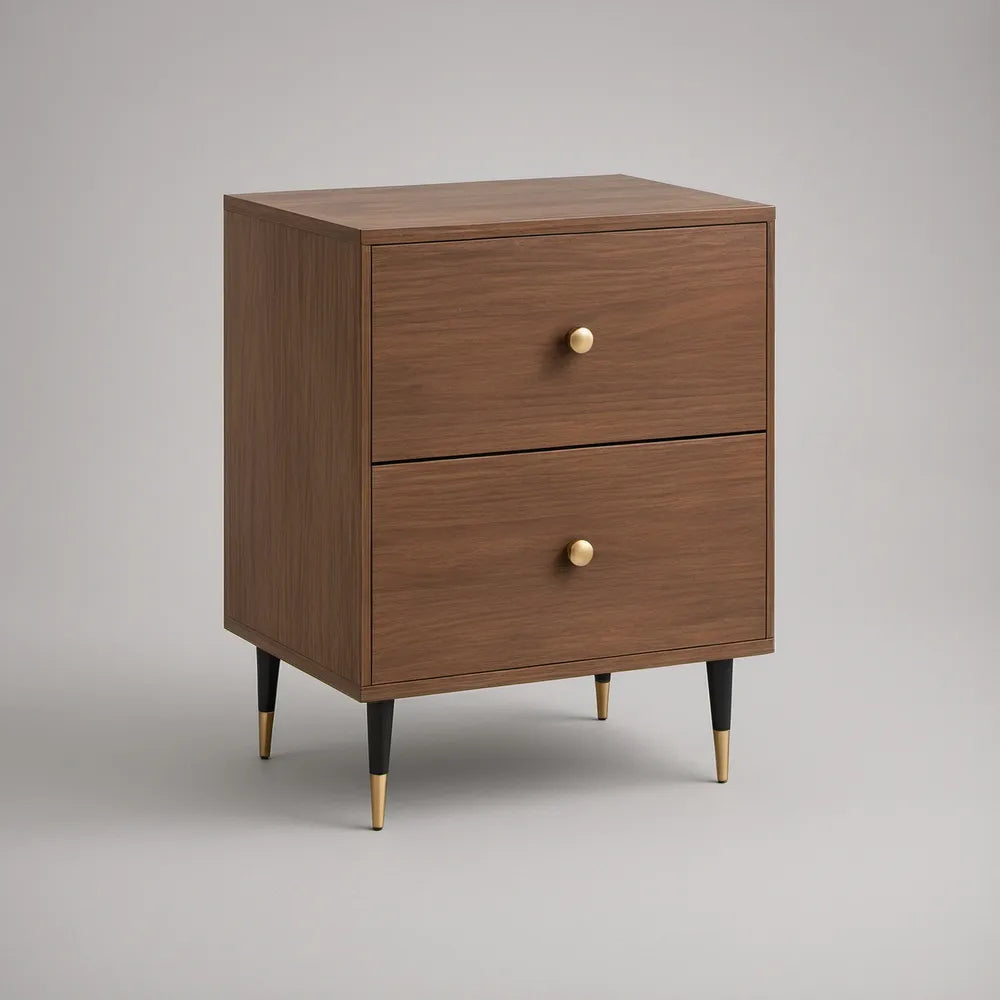 Mid-Century Modern 2-Drawer Nightstand, 24 x 16 x 28 in, Walnut Brown with Black and Brass Accents
