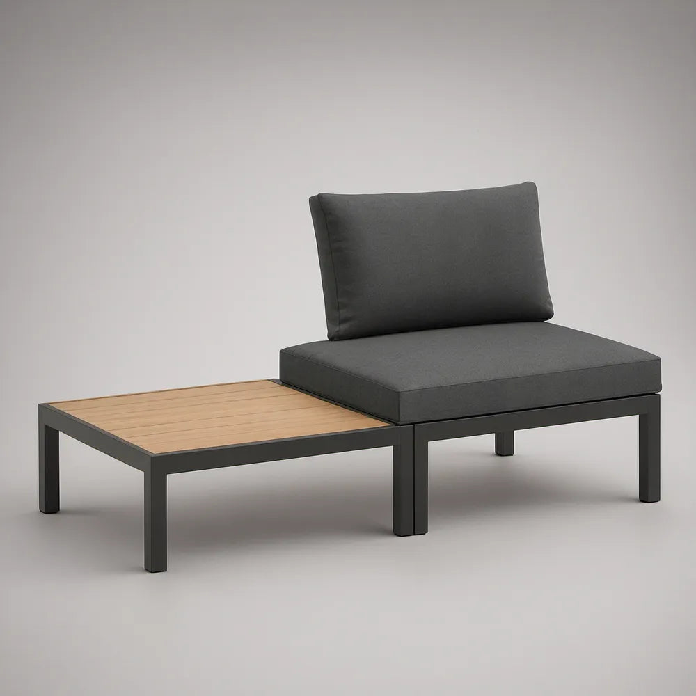 Outdoor Aluminum Lounge Seat with Side Table, Gray/Black/Light Brown, 59.1 x 29.5 x 31.5 in