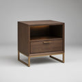 Walnut Brown Nightstand with Drawer and Open Shelf, 24 x 18 x 26 in, Brass-Tone Steel Base
