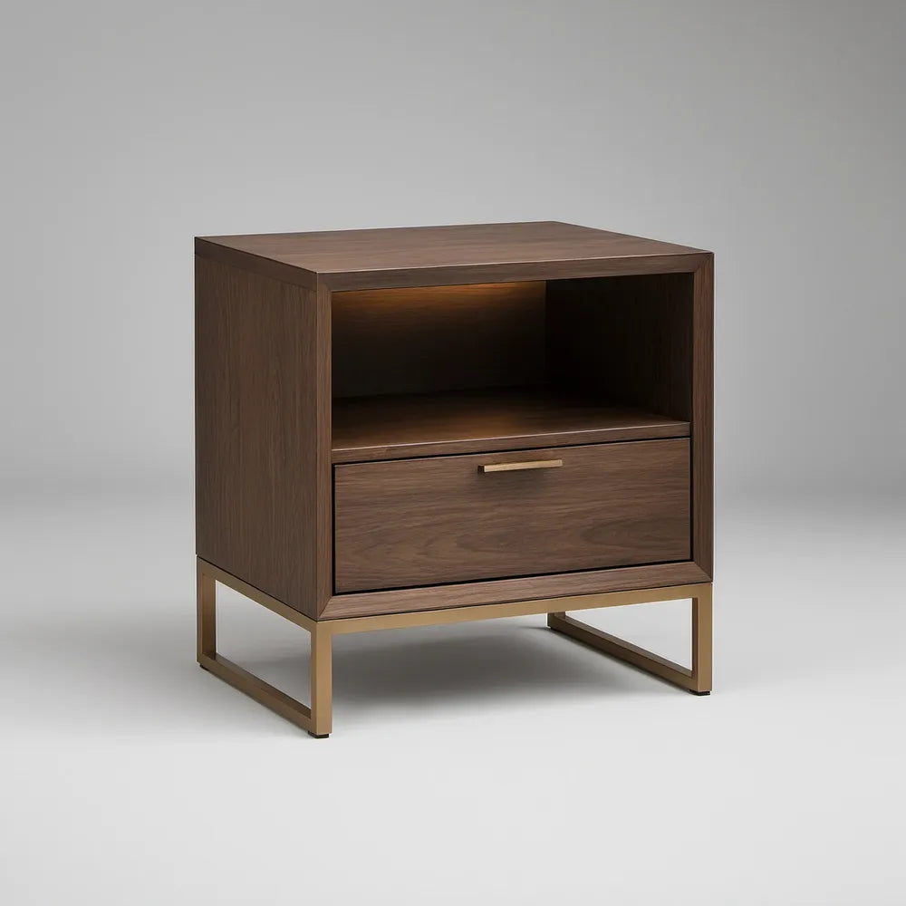 Walnut Brown Nightstand with Drawer and Open Shelf, 24 x 18 x 26 in, Brass-Tone Steel Base