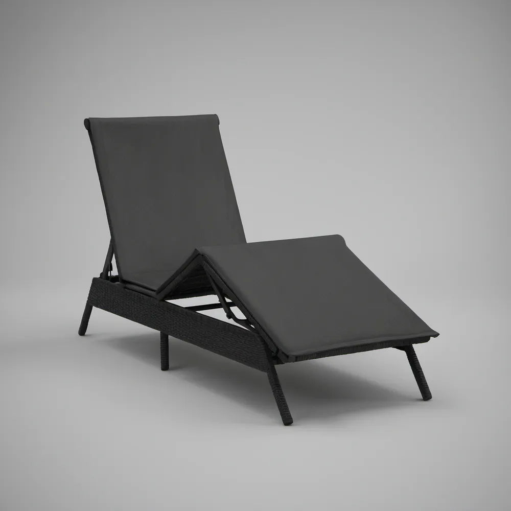Black Adjustable PE Rattan Reclining Sun Lounger with Cushion, 77.2 x 24.4 x 12.2 in