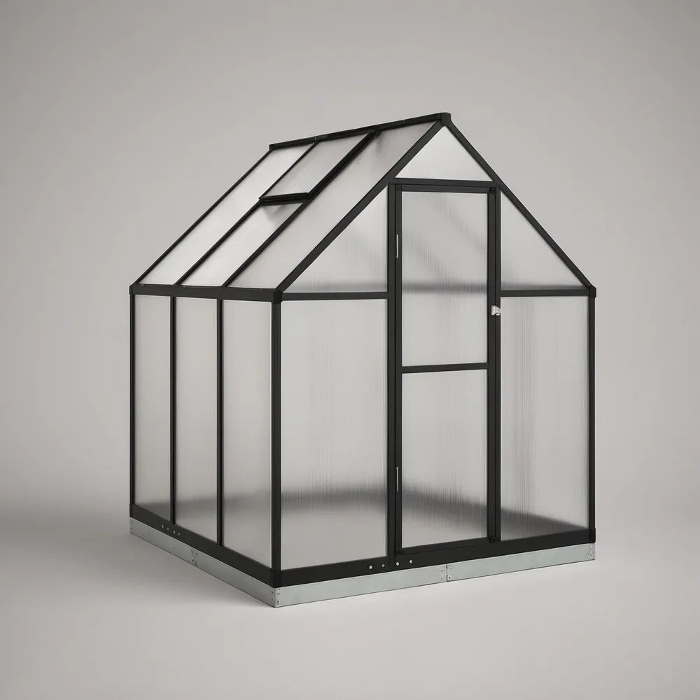 6 ft x 8 ft x 7 ft Walk-In Greenhouse with Black Aluminum Frame, Clear Polycarbonate Panels and Silver Steel Base