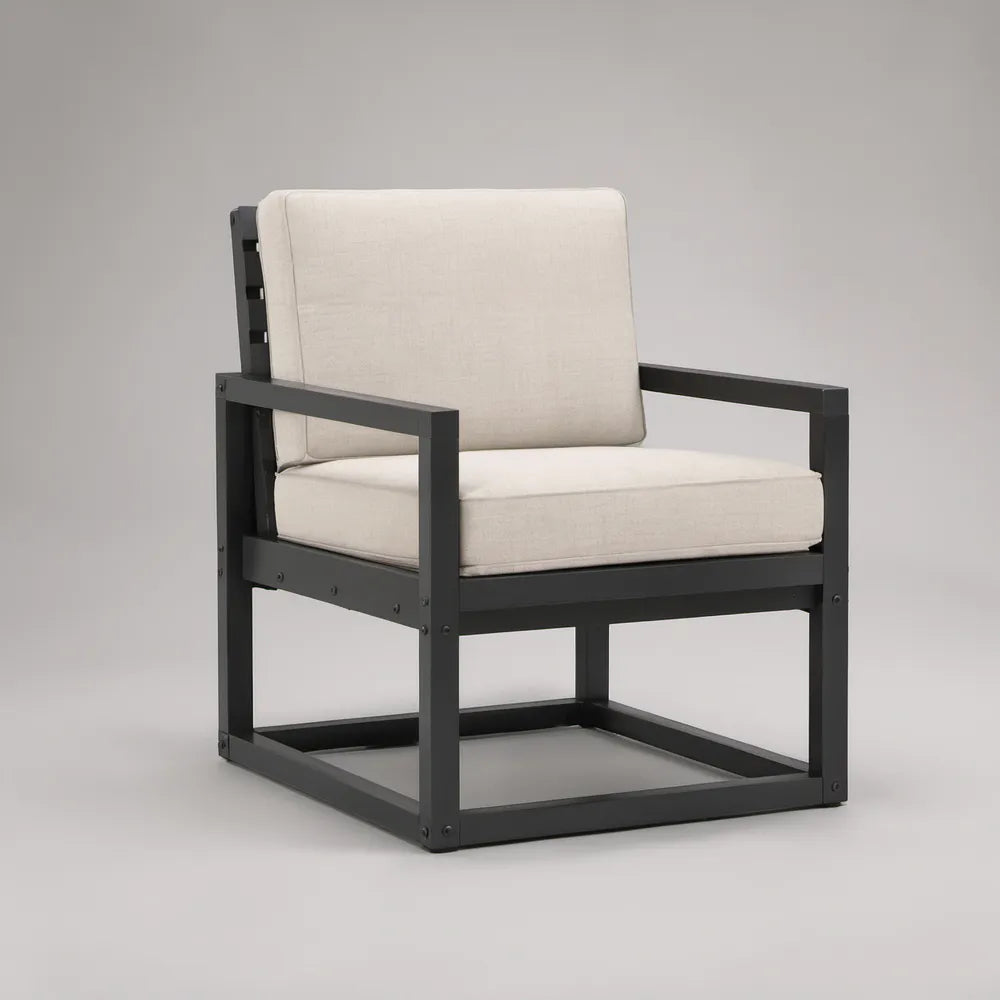 Outdoor Patio Armchair, Black Powder-Coated Steel Frame with Beige Cushions, 28.3 x 30.7 x 32.7 in
