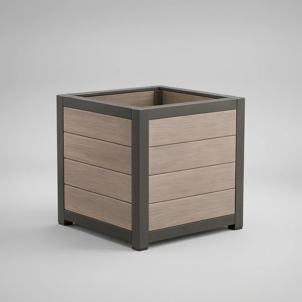 Square Outdoor Planter, WPC and Powder-Coated Steel, Brown and Dark Gray, 15.7 x 15.7 x 17.7 in