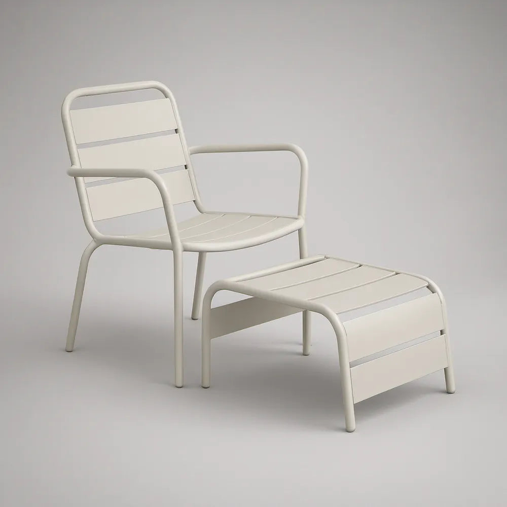 Outdoor Powder-Coated Steel Armchair and Footstool Set, Off-White, 63 x 70 x 82 cm