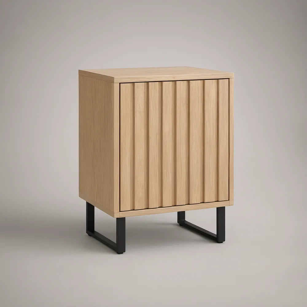 18 x 16 x 24 in Natural Oak Fluted Door Nightstand with Black Steel Base