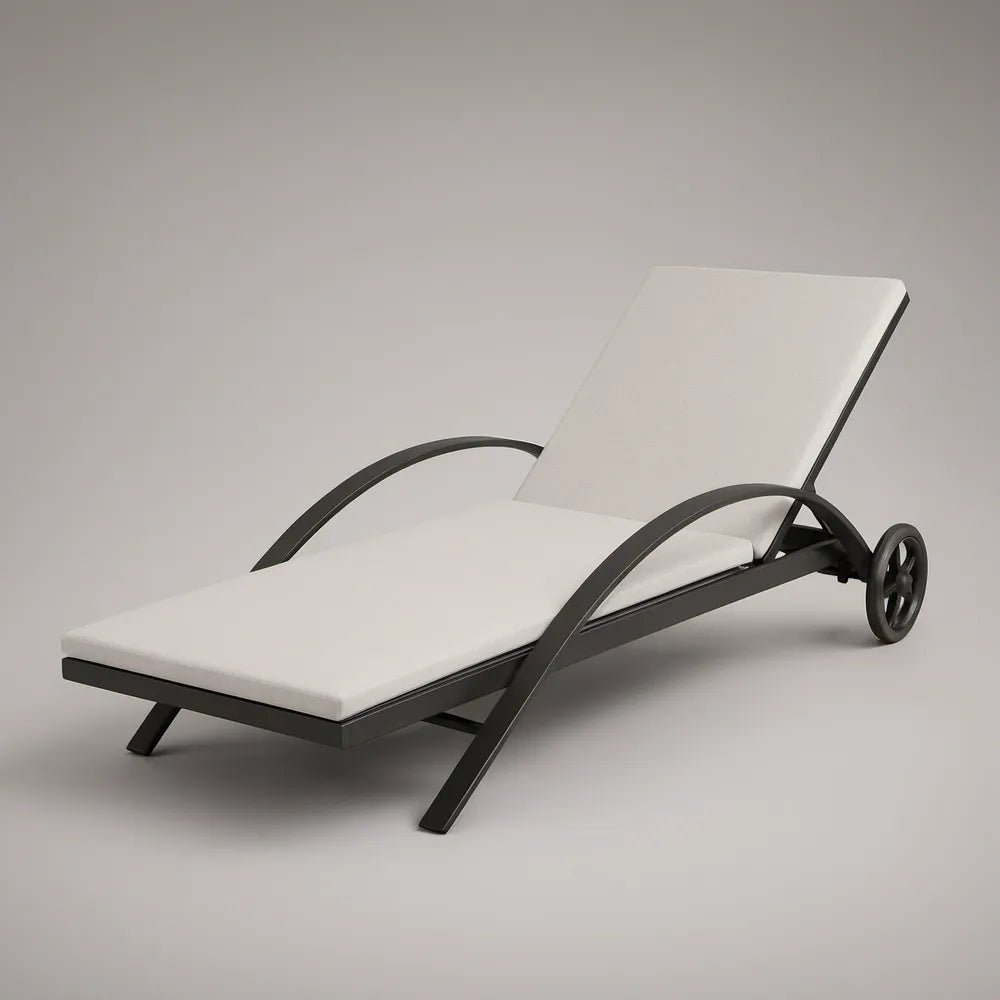 Adjustable Wheeled Outdoor Chaise Lounge, 200 x 70 x 35 cm, Black Aluminum Frame with White Cushion