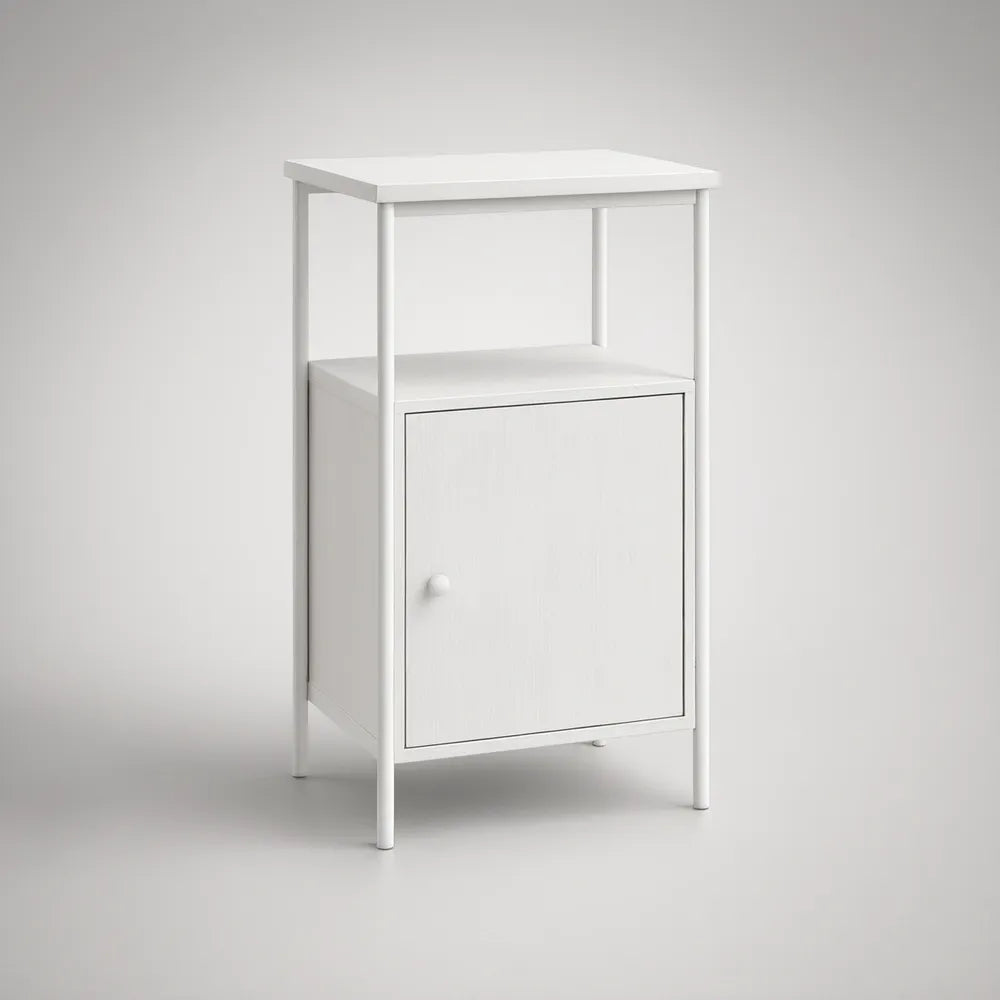 White MDF and Steel Nightstand with Open Shelf and Cabinet Door, 15.7 x 15.7 x 27.6 in