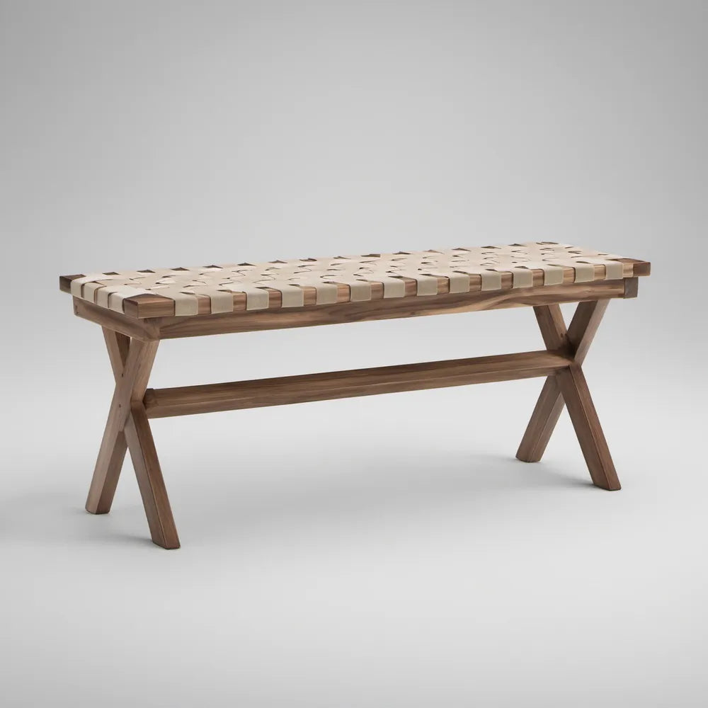 Outdoor Backless Bench, 47.2 x 15.7 x 18.1 in, Solid Acacia Wood Frame with Beige PU Woven Seat, Brown/Beige