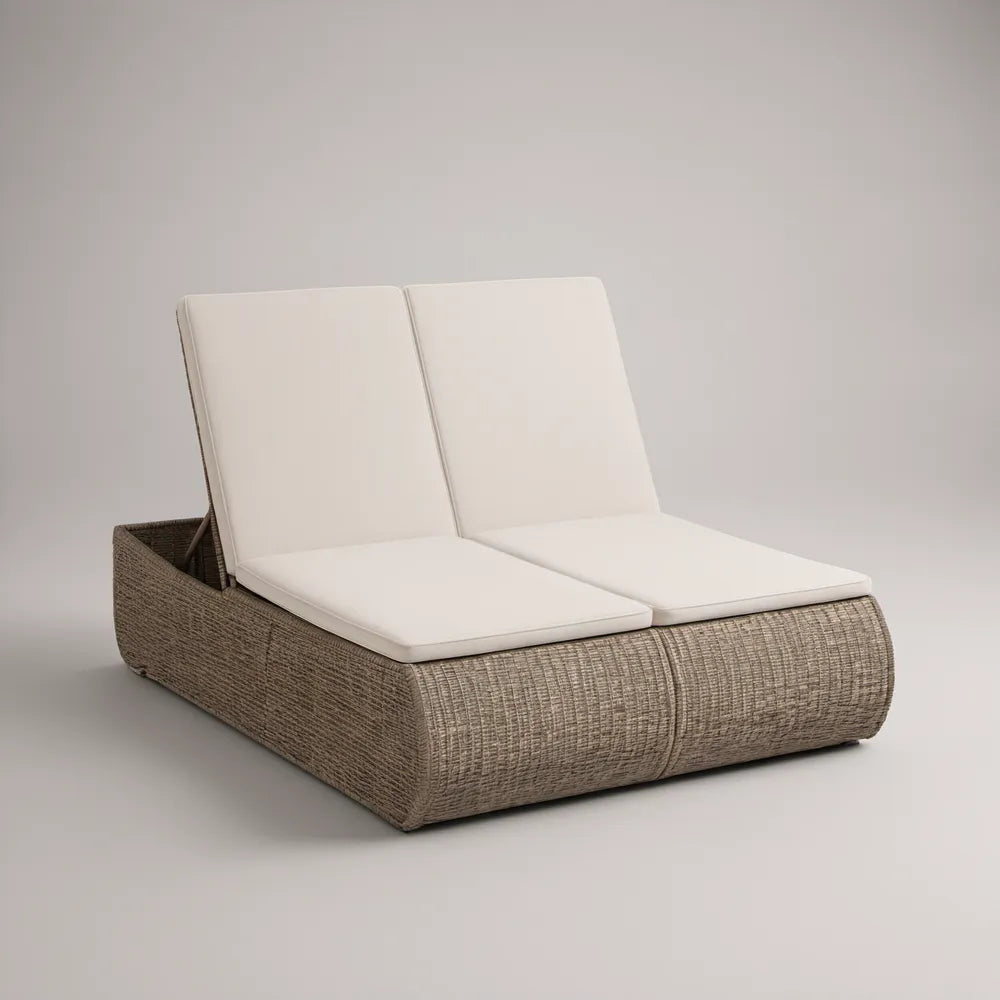 Double Adjustable Outdoor Reclining Lounger, Taupe PE Rattan with Cream Polyester Cushions, 78.7 x 55.1 x 35.4 in