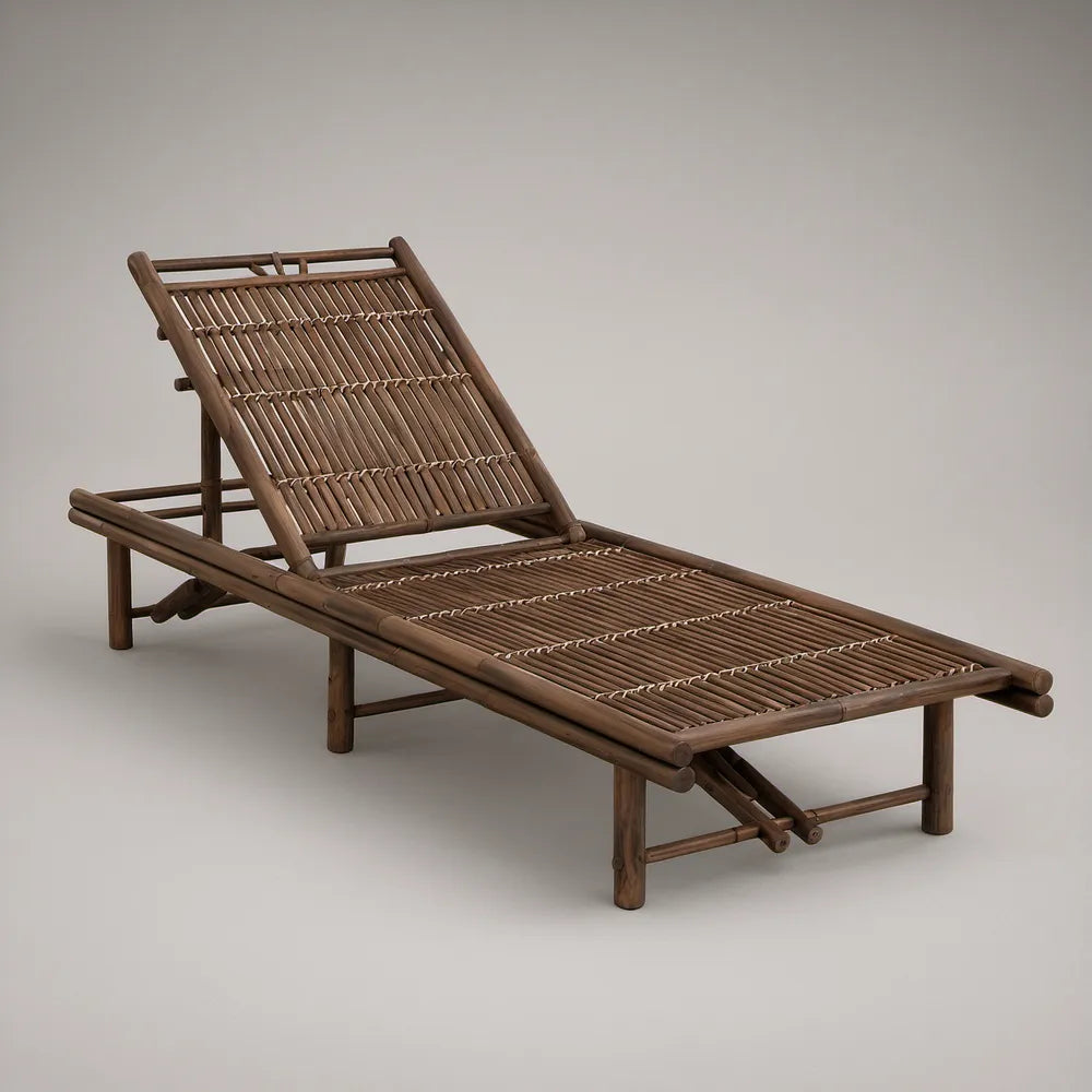Adjustable Brown Bamboo Sun Lounger with Reclining Backrest, 78.7 x 25.6 x 13.8 in