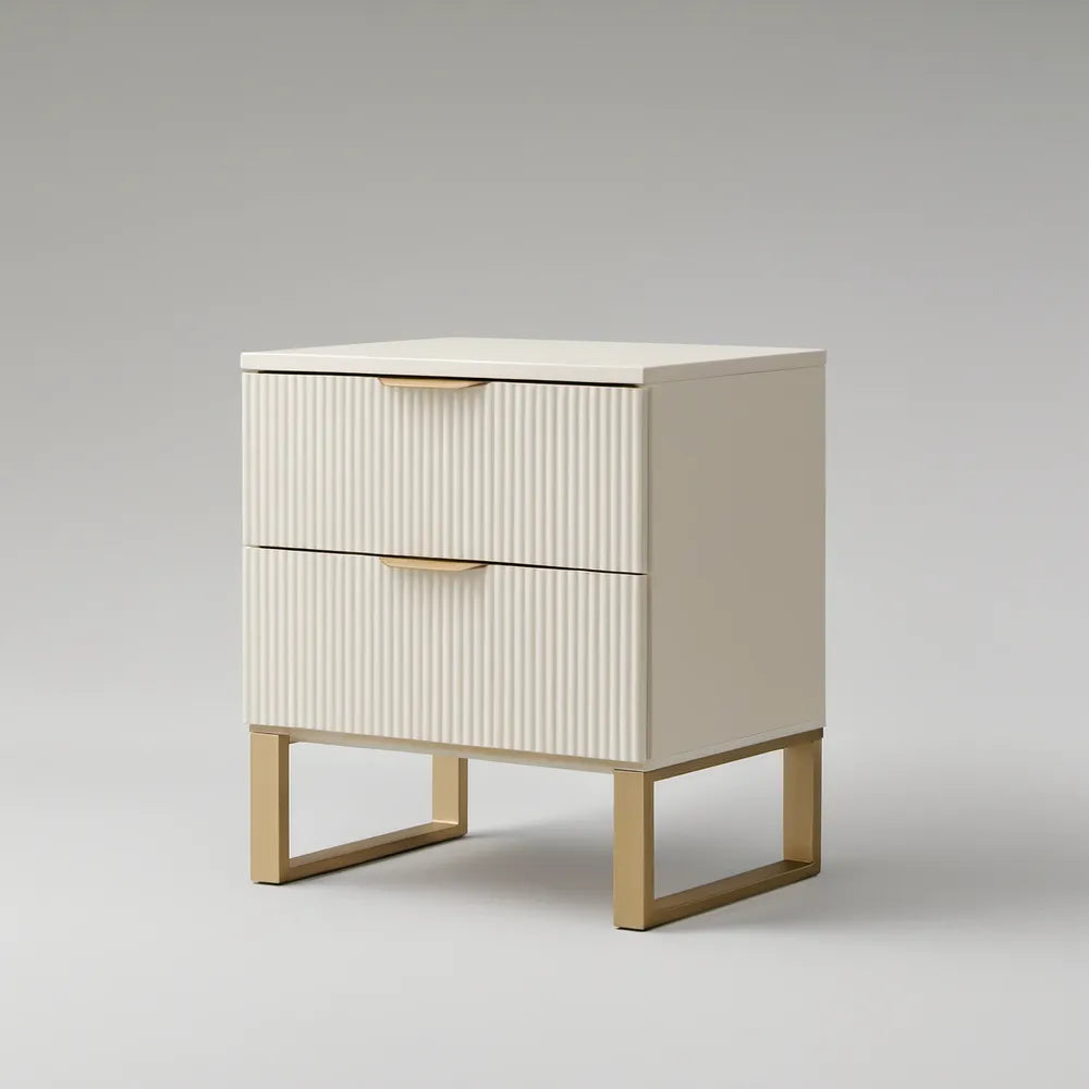 White 2-Drawer Nightstand, 20 x 16 x 24 in, Fluted MDF Storage Cabinet with Gold Steel Legs