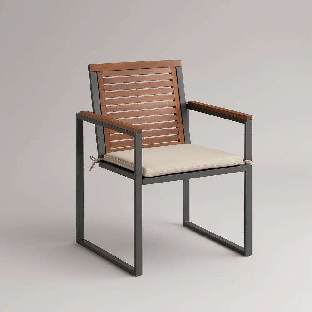 Outdoor Patio Armchair with Beige Cushion, Solid Acacia Wood and Black Powder-Coated Steel Frame, 24 x 26 x 34 in