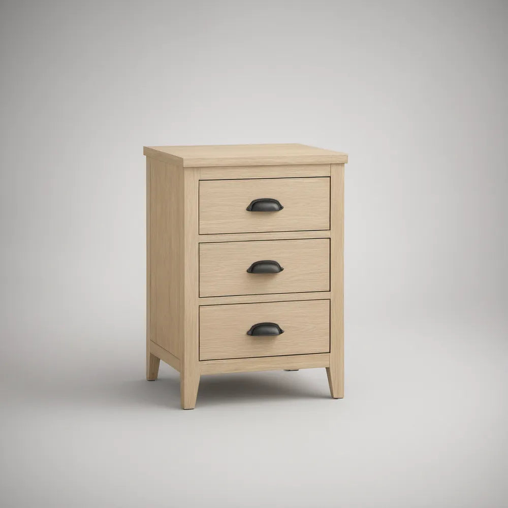 Light Oak 3-Drawer Nightstand with Black Steel Handles, 18 x 16 x 26 in